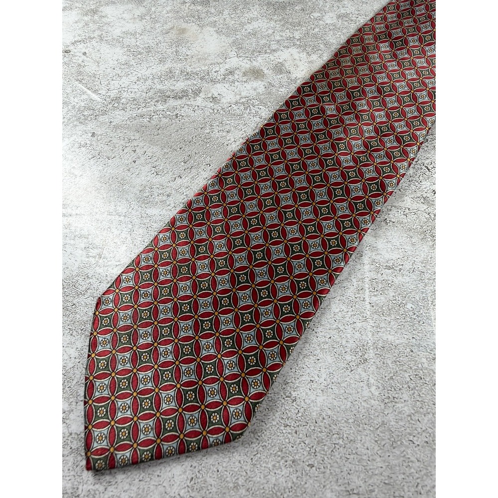 Lands' End Tie Mens OS Red 100% Silk Pointed Geometric Jacquard Medallion USA